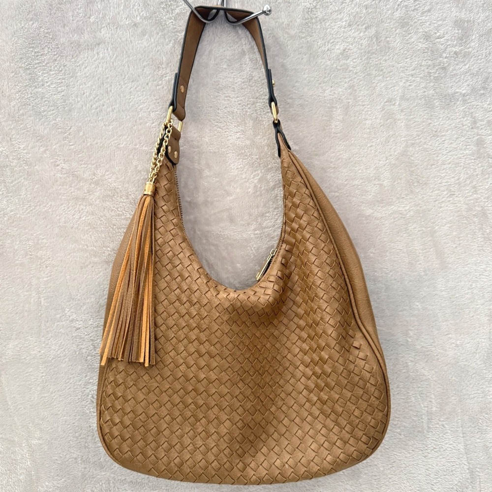 Woven Hobo Bag Tan Faux Leather Shoulder Bag Tassel Accent Boho - Picture 2 of 10